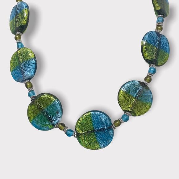 Vintage Glass Necklace Teal Blue & Green Metallic Statement - Picture 4 of 6